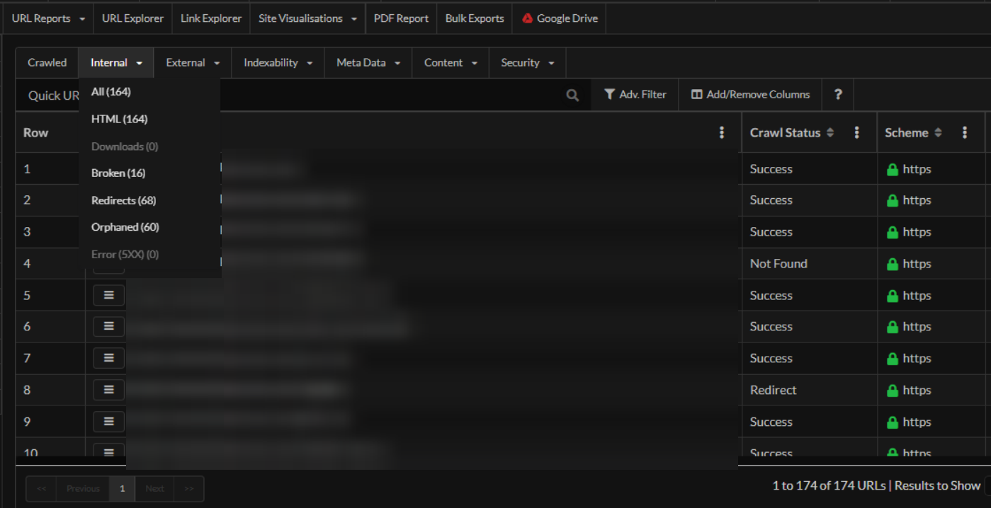 Sitebulb crawl summary showing 164 internal HTML pages, of which 60 are orphaned, alongside 16 broken URLs and 68 redirects